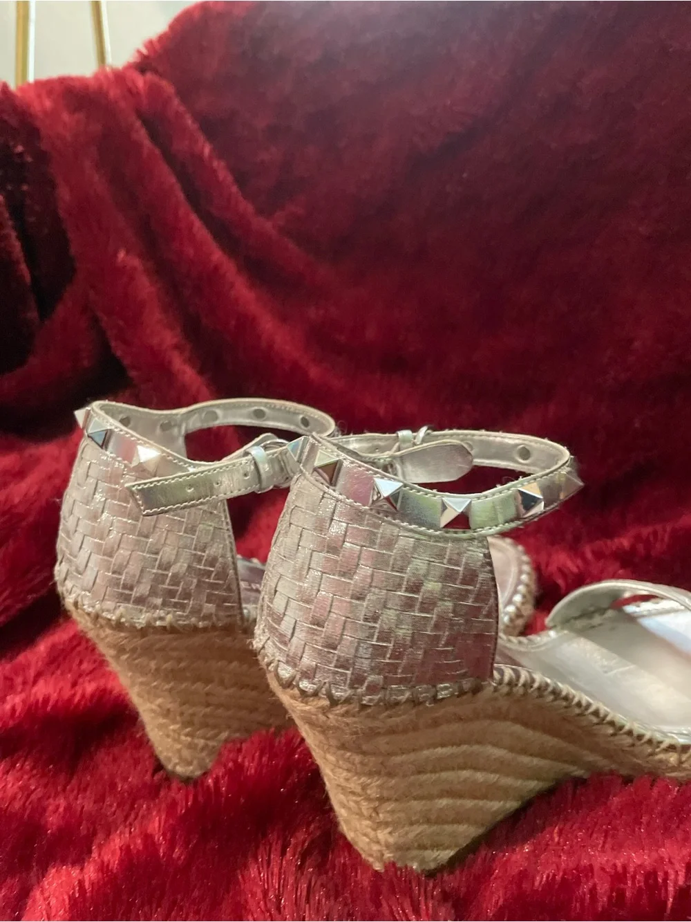 Marc Fisher Metallic Silver Woven Espadrille Wedges with Studded Ankle Straps